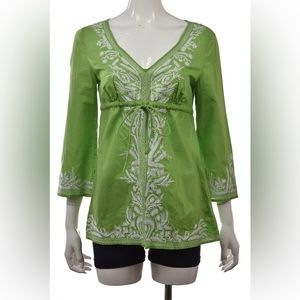 MICHAEL KORS WOMENS SIZE M GREEN EMBROIDERED 3/4 SLEEVE TUNIC SHIRT 100% cotton